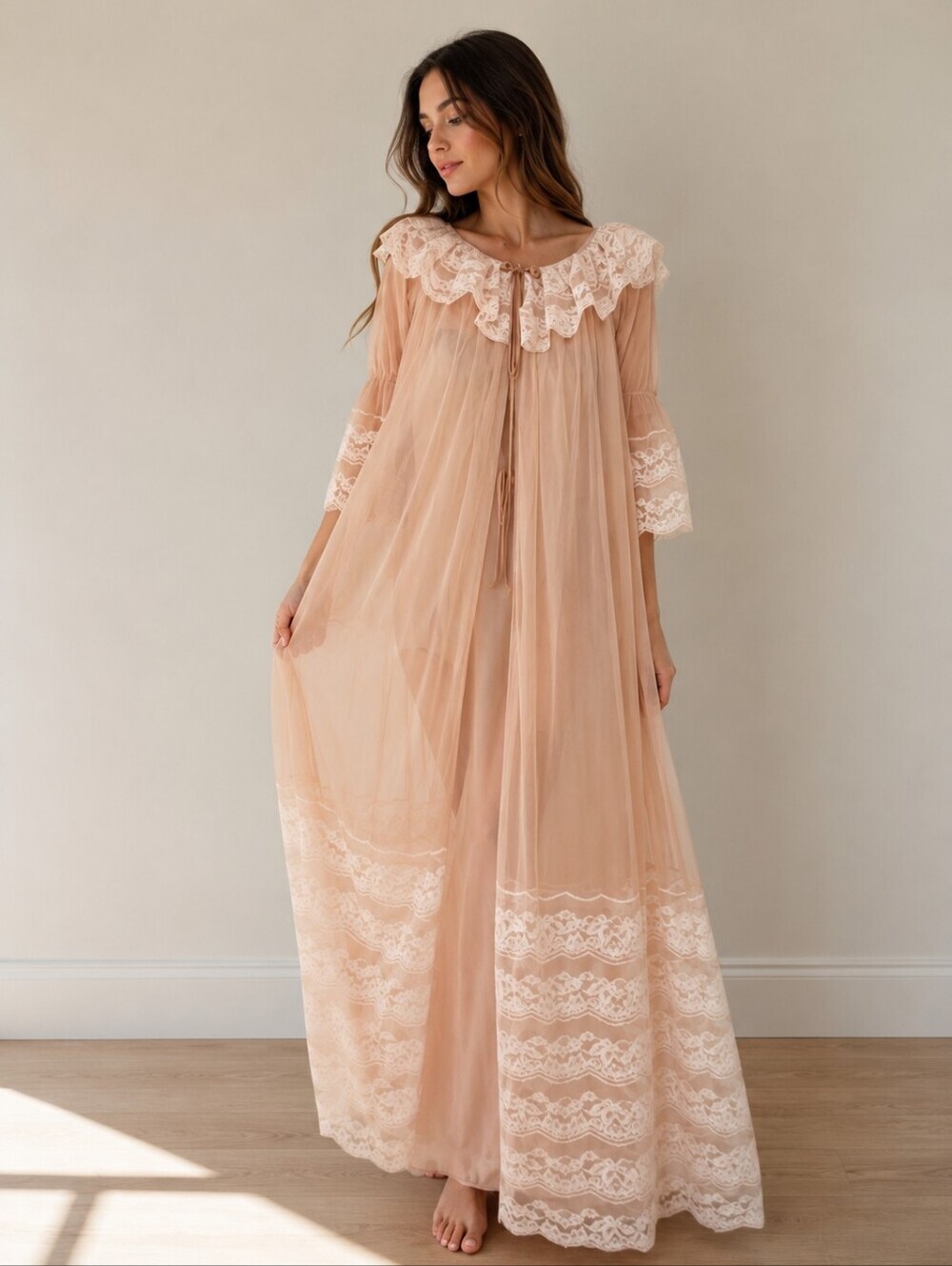 Vintage 1960s Intime' of California Peignoir Robe Sheer Lace Nylon Beige Boho